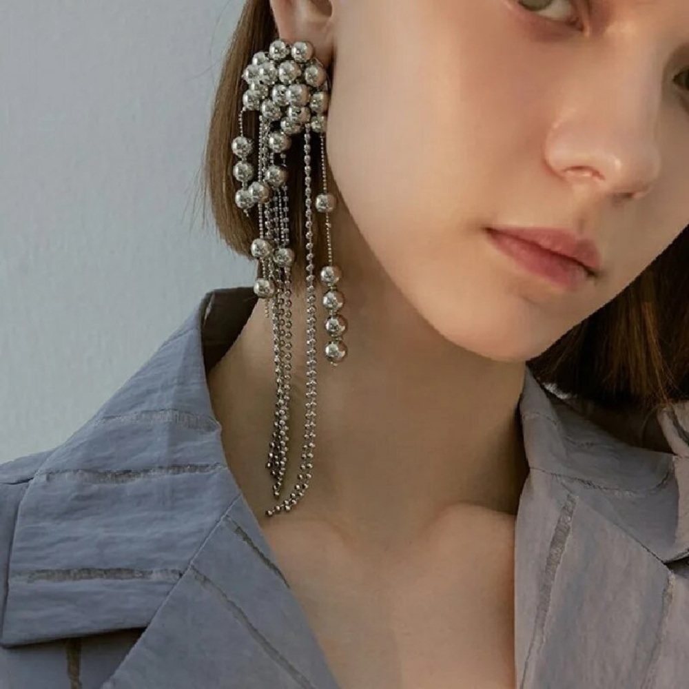 Zara EDGE NYC Uneven Chunky Dangle Mercury Pearl Pin Earrings long - Picture 16 of 16